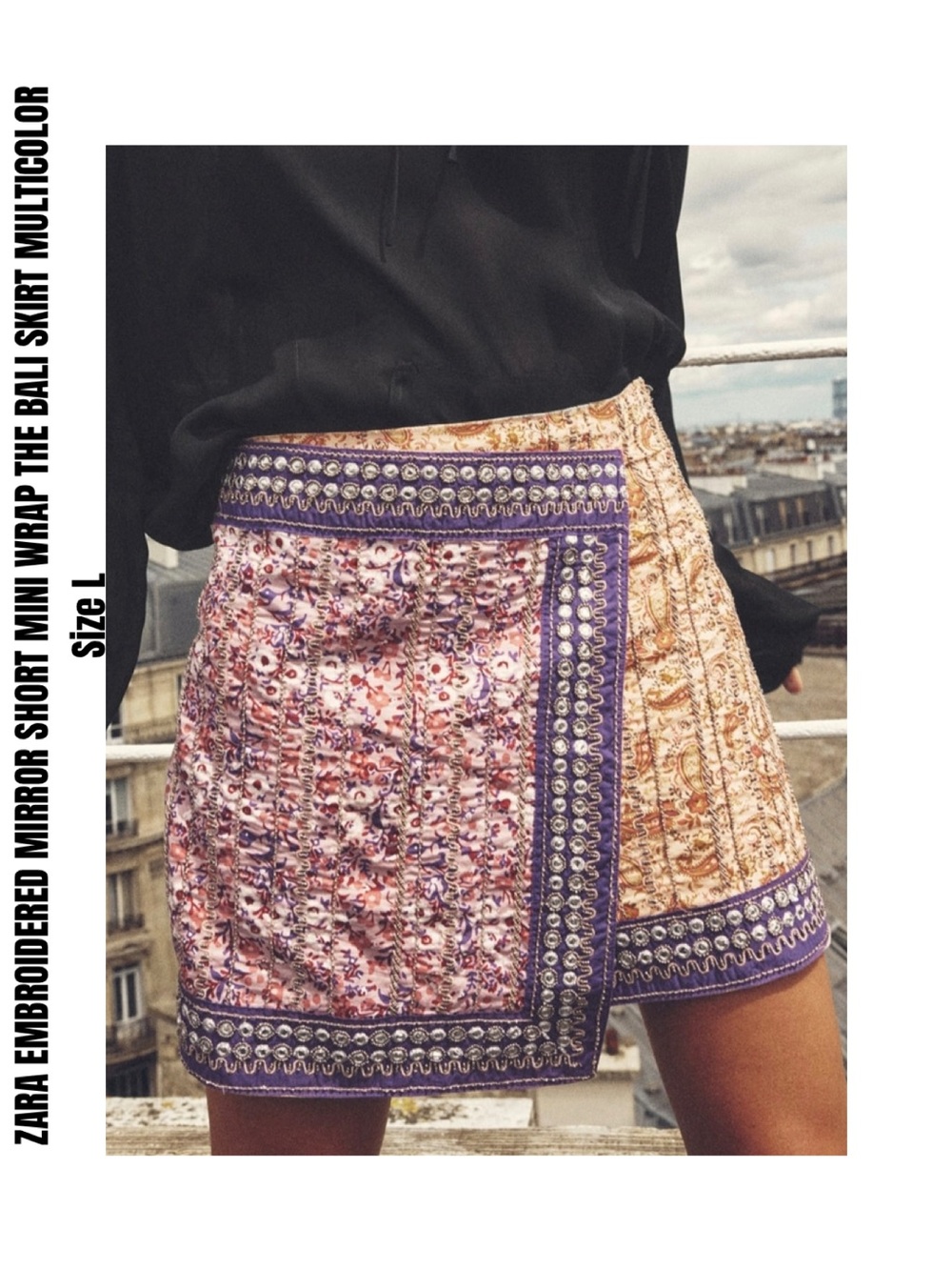 ZARA EMBROIDERED MIRROR SHORT MINI WRAP THE BALI SKIRT MULTICOLOR
size L